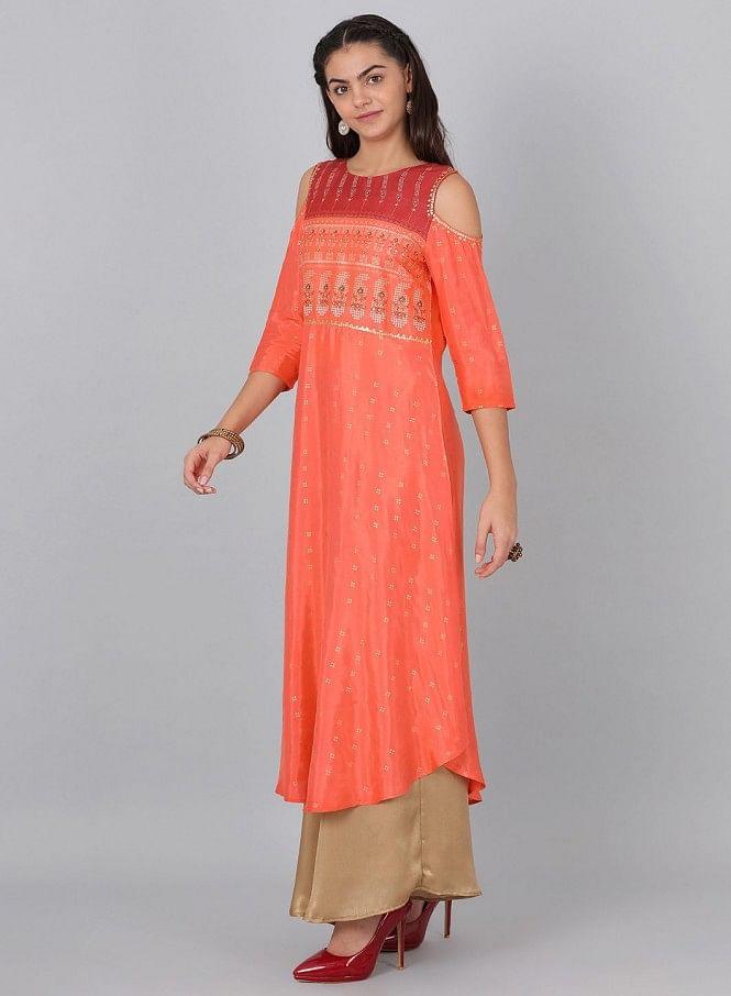 Orange Embellished Cut-Out Sleeves kurta - wforwoman