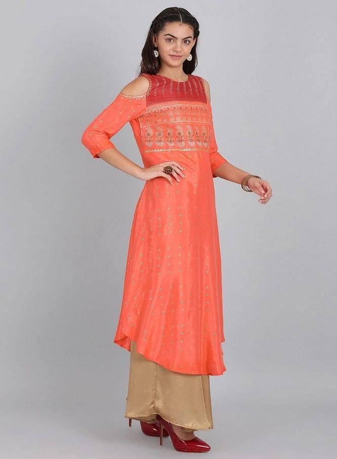 Orange Embellished Cut-Out Sleeves kurta - wforwoman