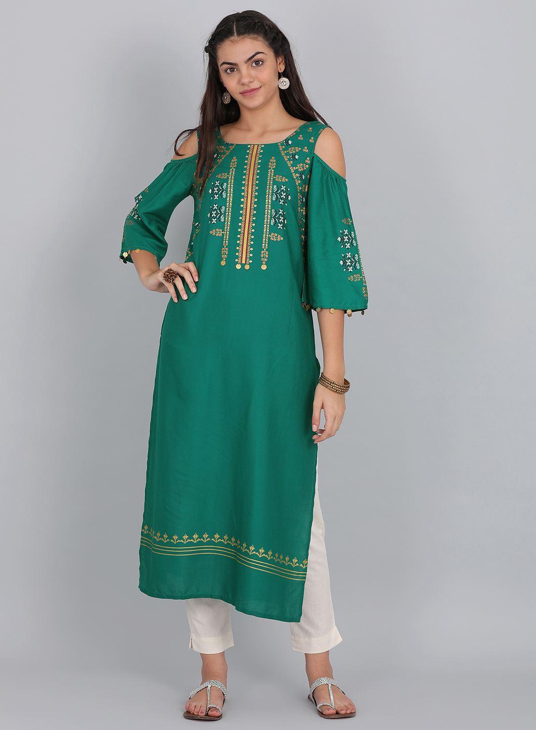 Green Round Neck Cold-Shoulder kurta - wforwoman