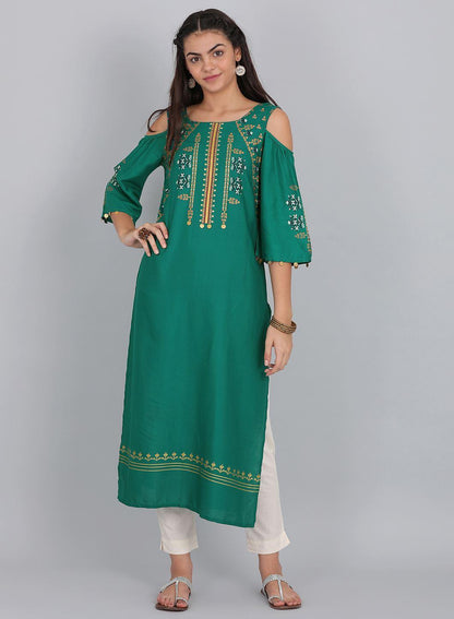 Green Round Neck Cold-Shoulder kurta - wforwoman