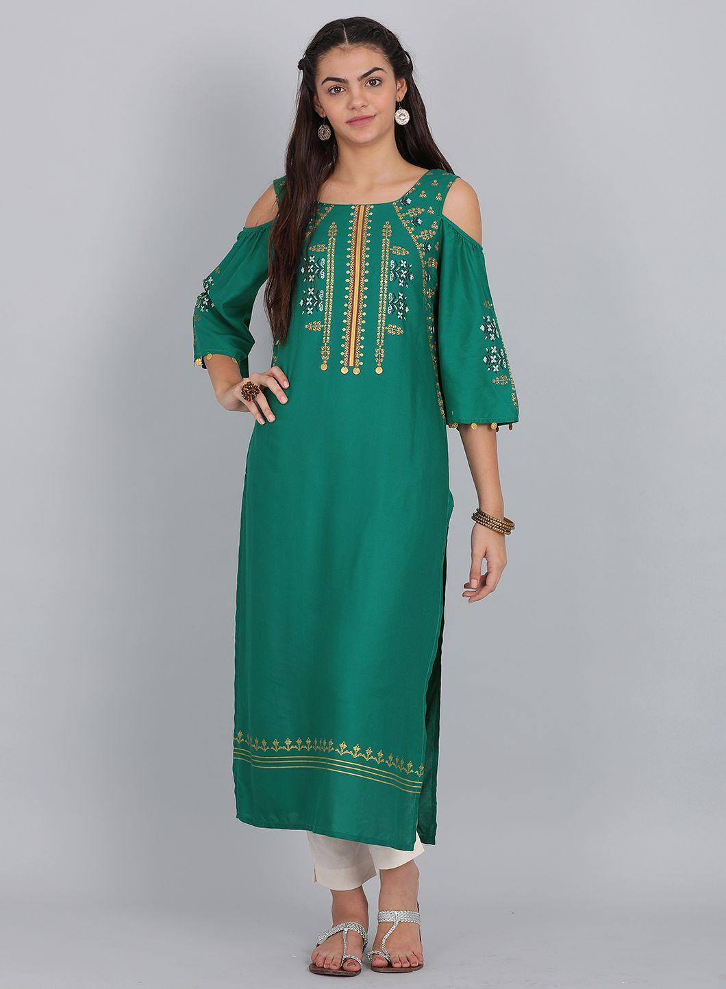 Green Round Neck Cold-Shoulder kurta - wforwoman