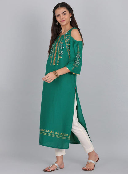 Green Round Neck Cold-Shoulder kurta - wforwoman