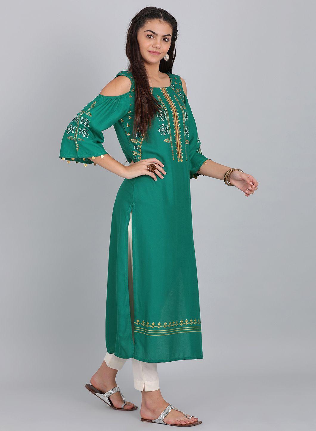 Green Round Neck Cold-Shoulder kurta - wforwoman