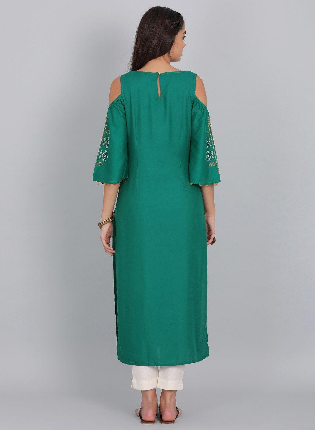 Green Round Neck Cold-Shoulder kurta - wforwoman