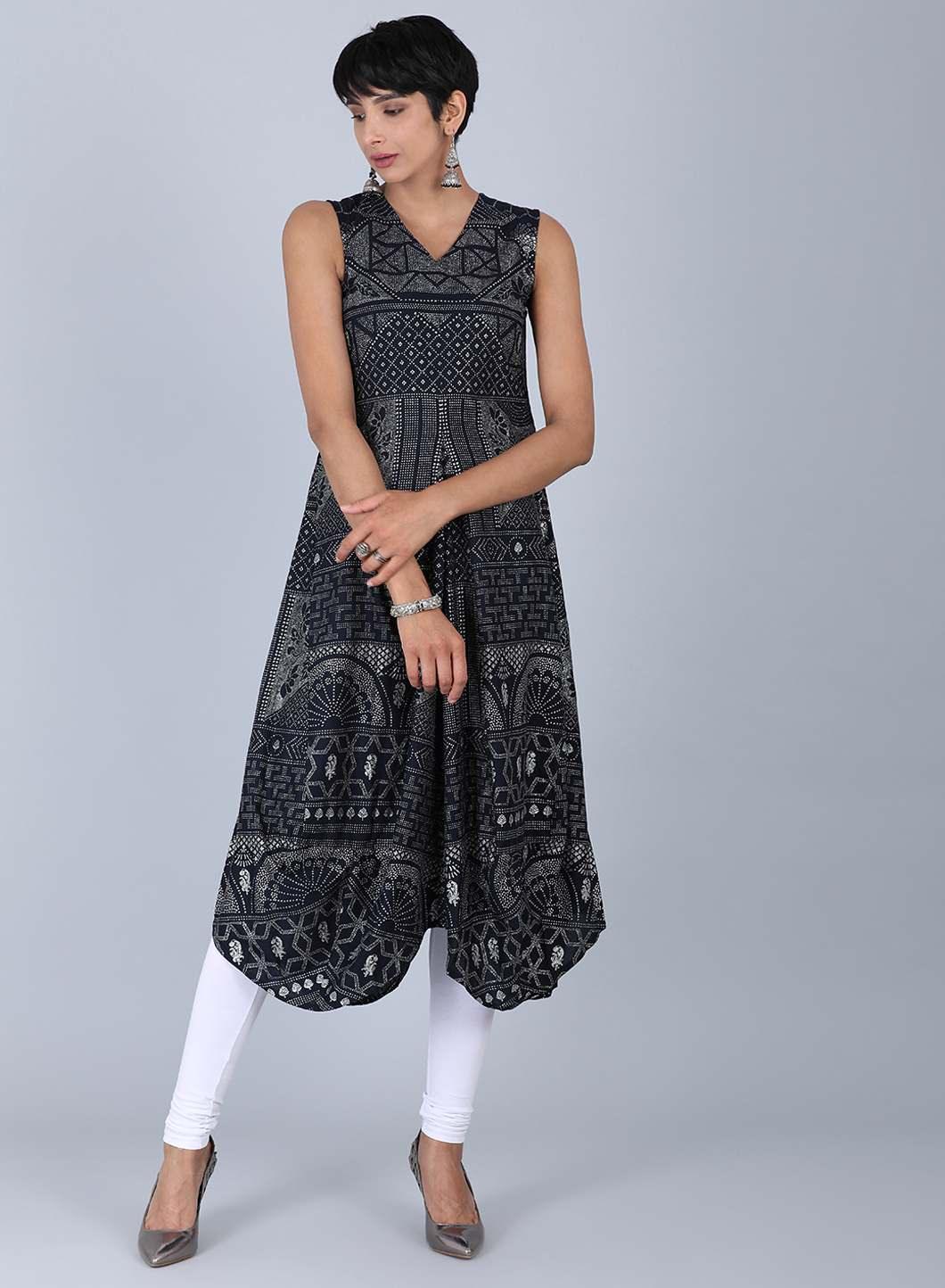 Black Glitter Print kurta - wforwoman