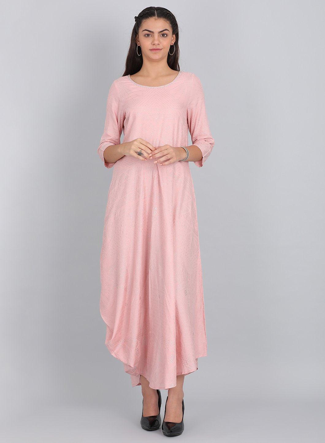 Pink Round Neck Glitter Print kurta - wforwoman