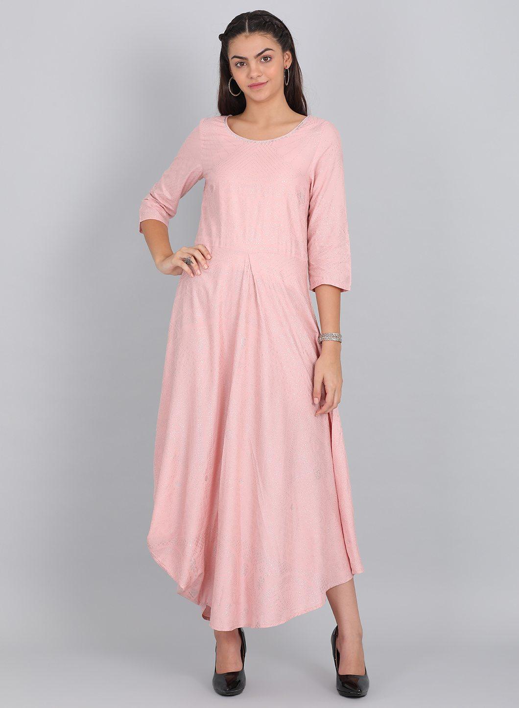 Pink Round Neck Glitter Print kurta - wforwoman