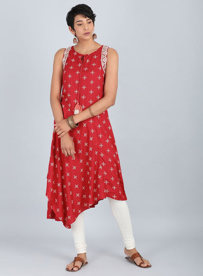 Red Round Neck Printed kurta