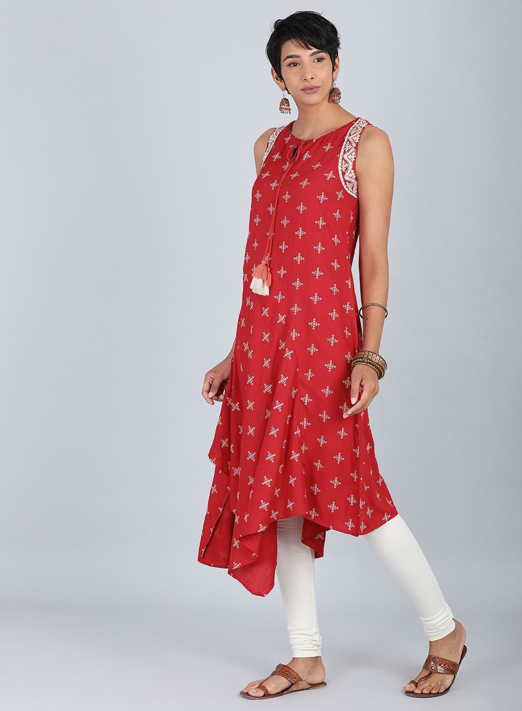 Red Round Neck Printed kurta