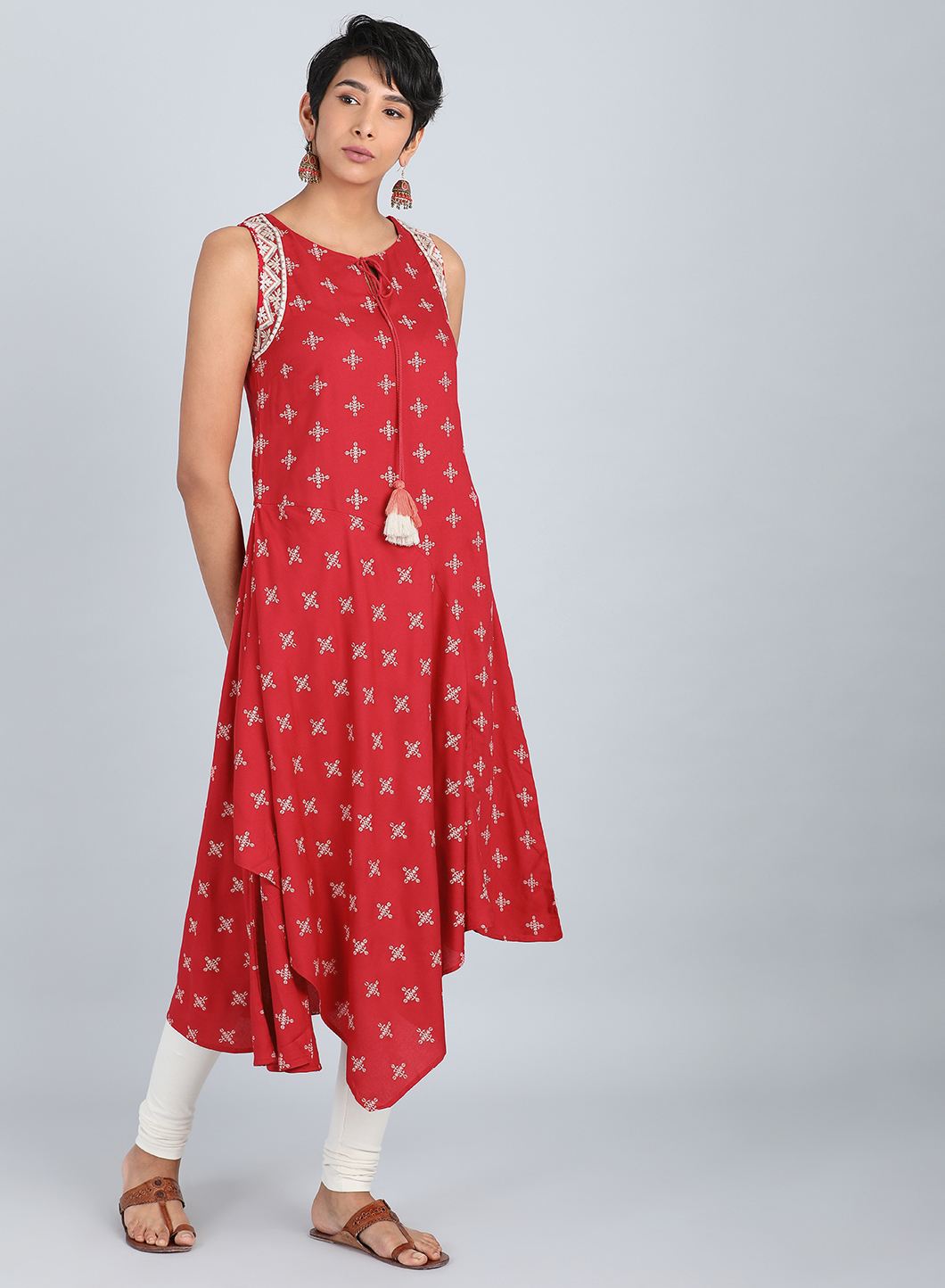 Red Round Neck Printed kurta