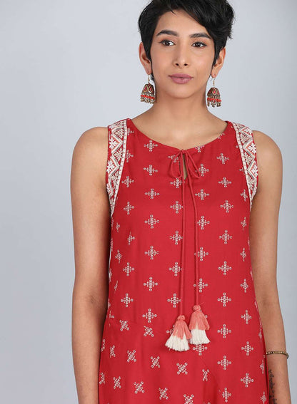 Red Round Neck Printed kurta