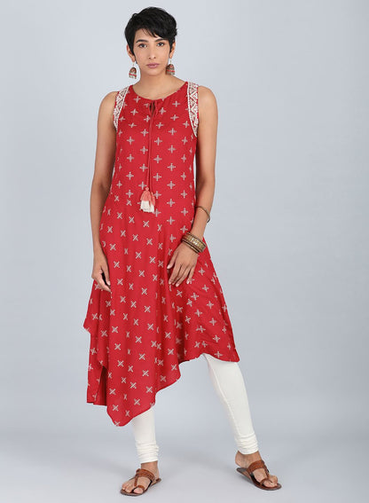 Red Round Neck Printed kurta