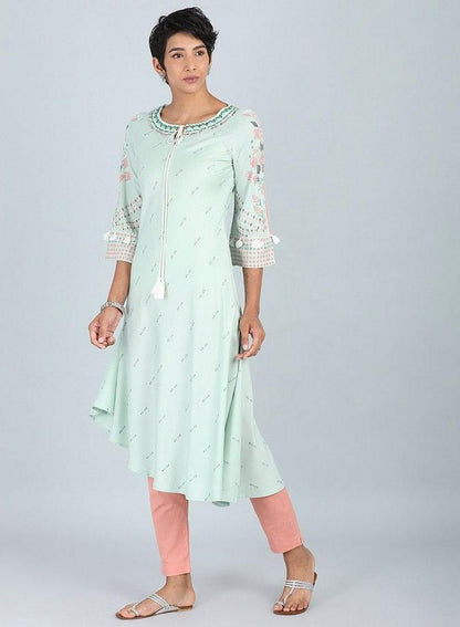 Blue Round Neck Printed kurta - wforwoman