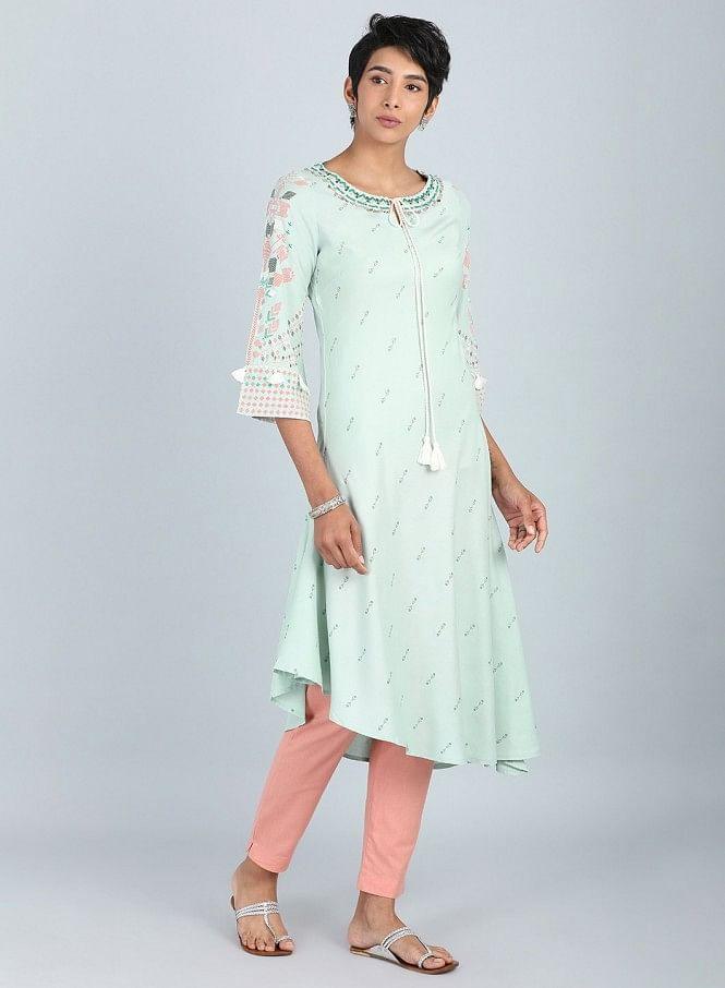 Blue Round Neck Printed kurta - wforwoman