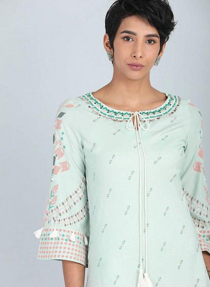 Blue Round Neck Printed kurta - wforwoman