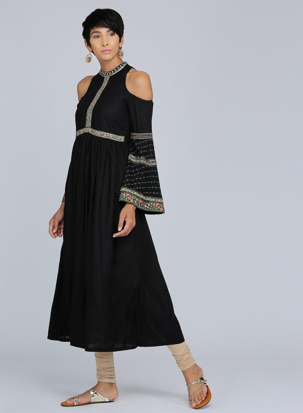 Black Mandarin Neck Cold-Shoulder kurta - wforwoman