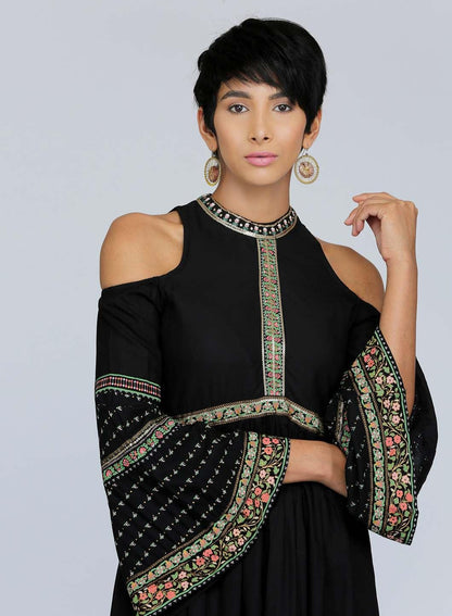 Black Mandarin Neck Cold-Shoulder kurta - wforwoman