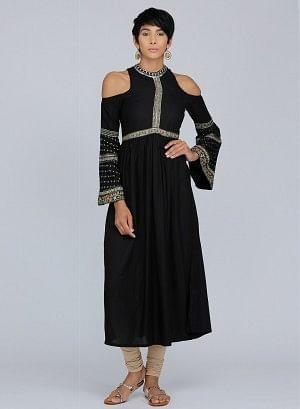 Black Mandarin Neck Cold-Shoulder kurta - wforwoman