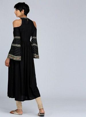 Black Mandarin Neck Cold-Shoulder kurta - wforwoman