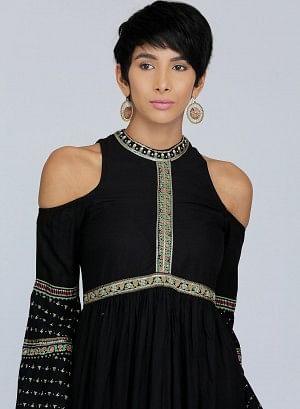 Black Mandarin Neck Cold-Shoulder kurta - wforwoman