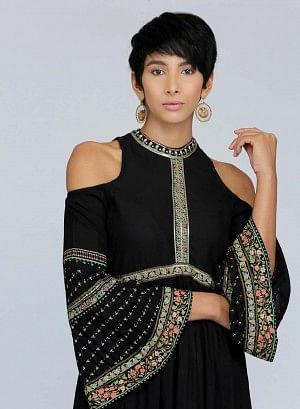 Black Mandarin Neck Cold-Shoulder kurta - wforwoman