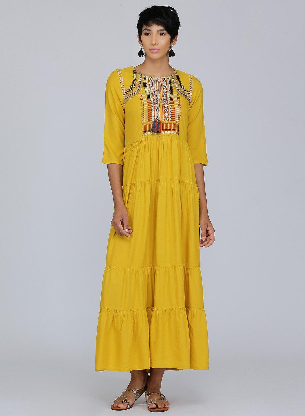 Yellow Round Neck Printed kurta - wforwoman