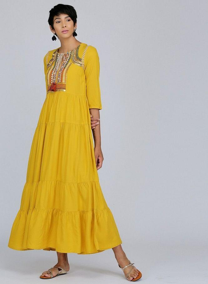 Yellow Round Neck Printed kurta - wforwoman