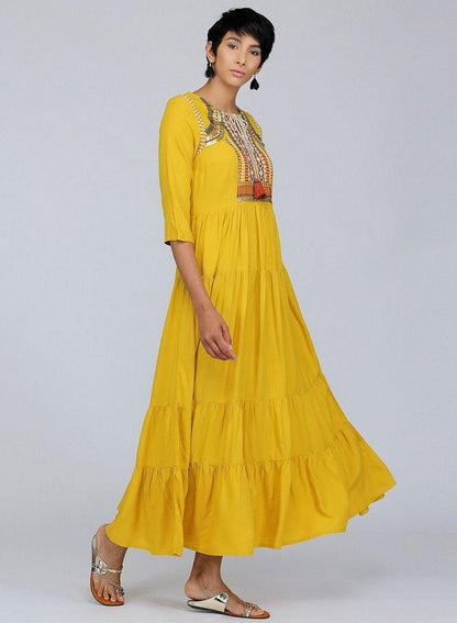 Yellow Round Neck Printed kurta - wforwoman