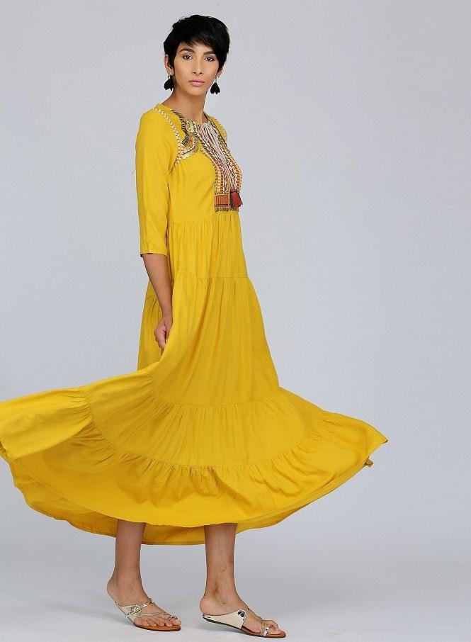 Yellow Round Neck Printed kurta - wforwoman