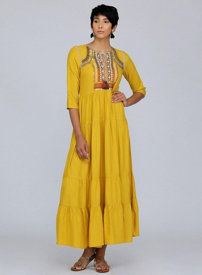 Yellow Round Neck Printed kurta - wforwoman