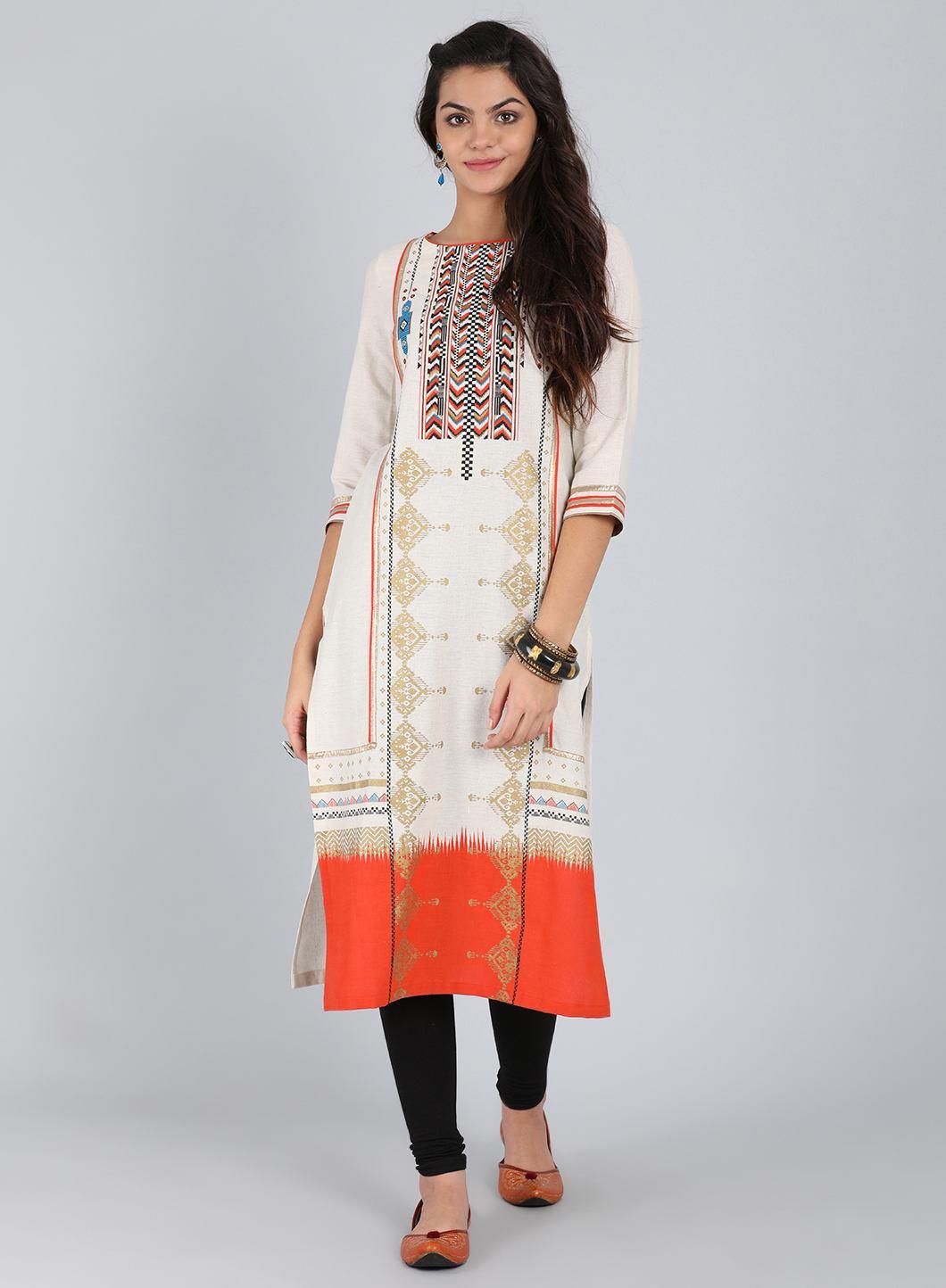 Off-White Round Neck Printed kurta - wforwoman