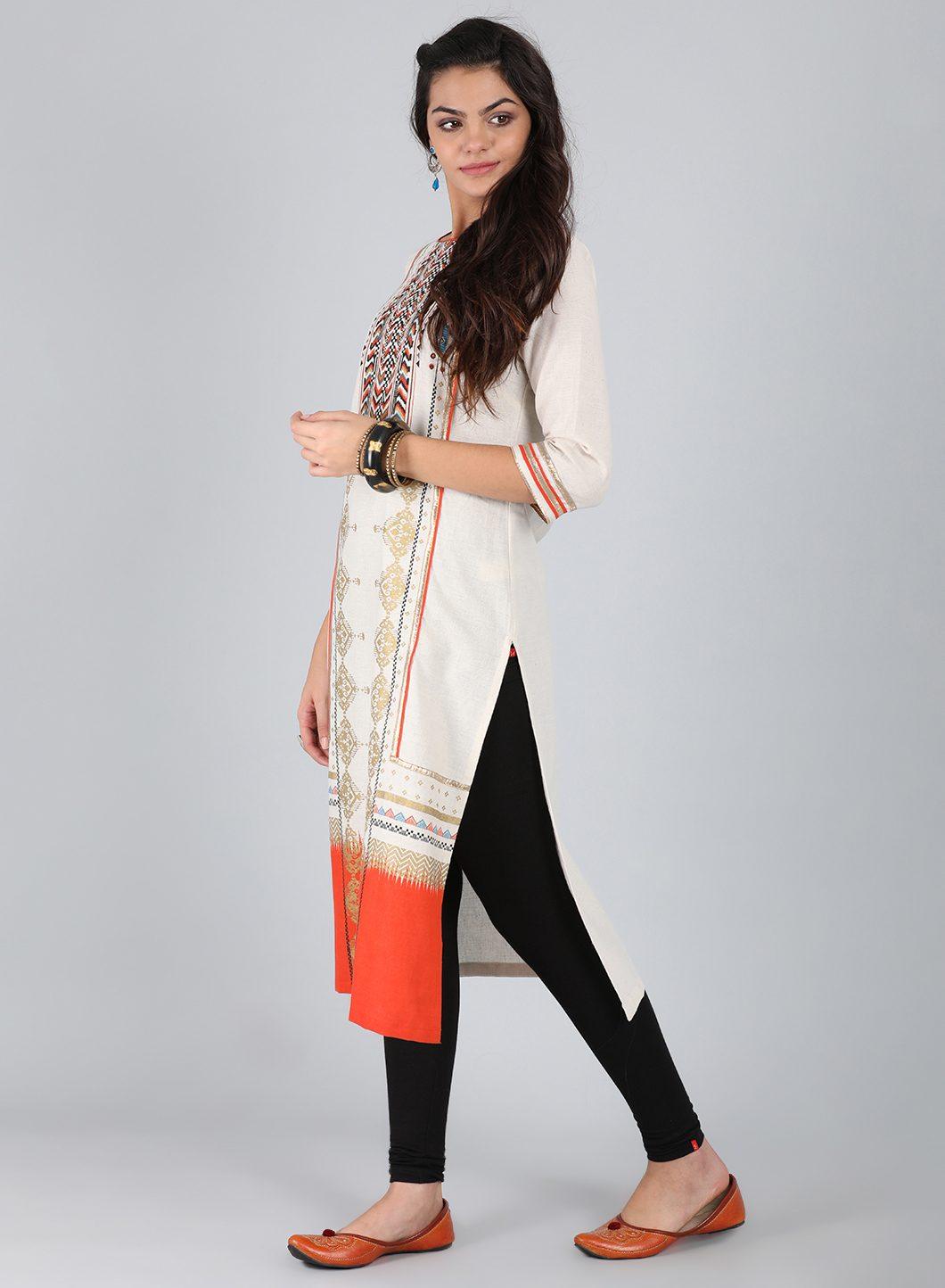 Off-White Round Neck Printed kurta - wforwoman