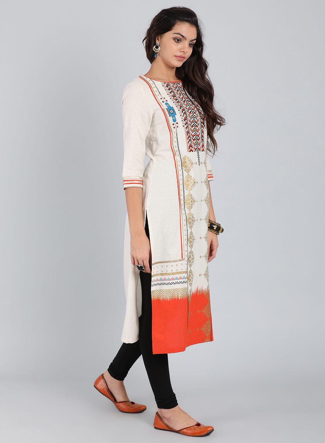 Off-White Round Neck Printed kurta - wforwoman