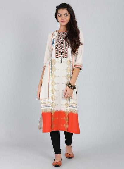 Off-White Round Neck Printed kurta - wforwoman