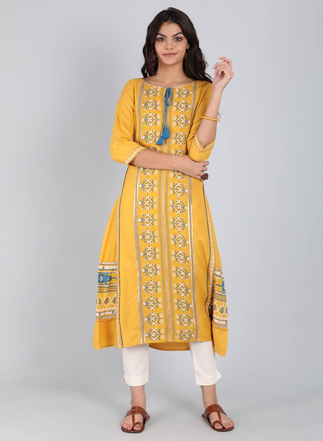 Yellow Round Neck Tie-Up kurta - wforwoman