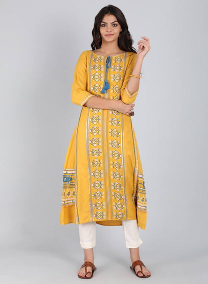 Yellow Round Neck Tie-Up kurta - wforwoman