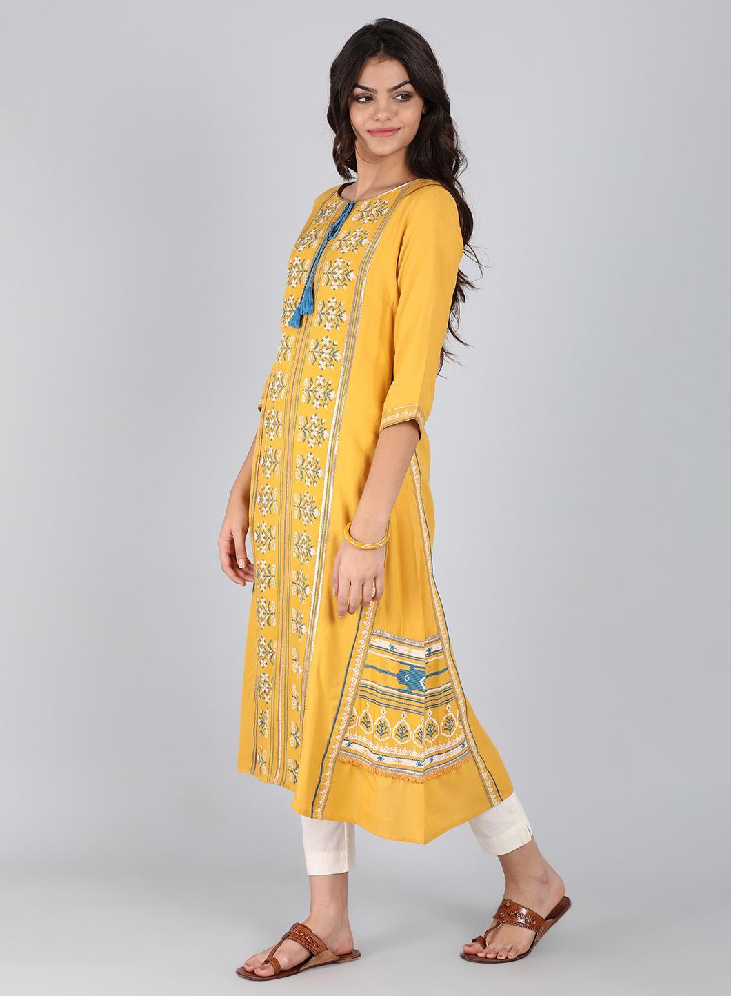 Yellow Round Neck Tie-Up kurta - wforwoman