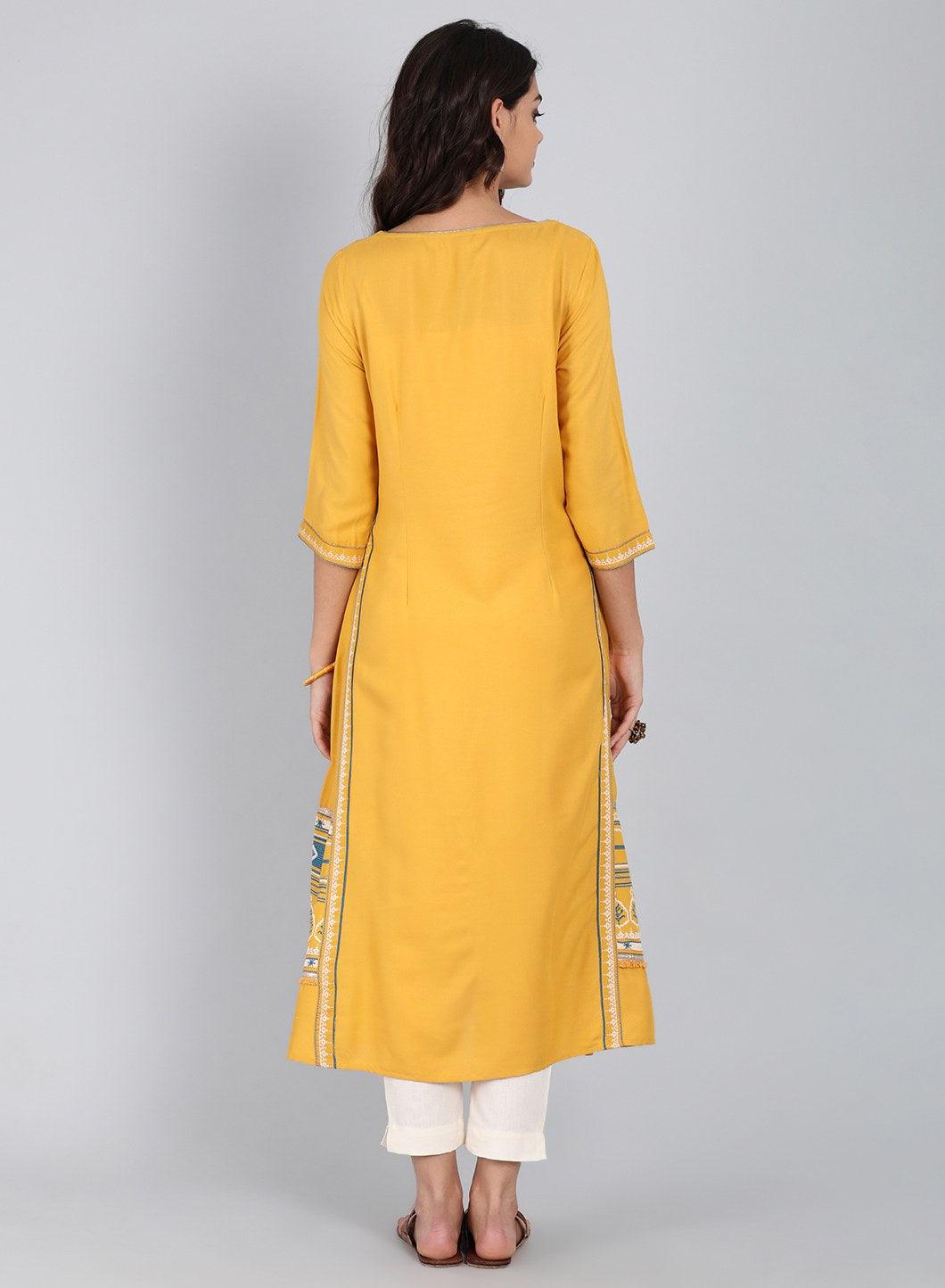 Yellow Round Neck Tie-Up kurta - wforwoman