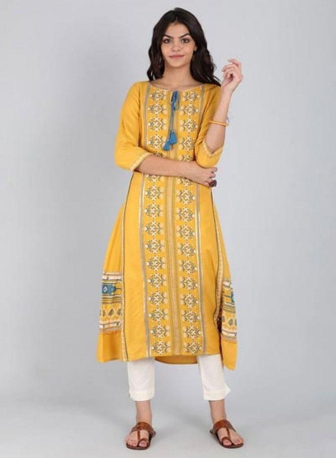 Yellow Round Neck Tie-Up kurta - wforwoman