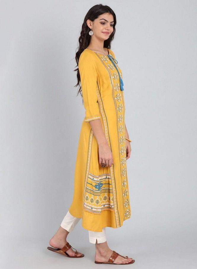 Yellow Round Neck Tie-Up kurta - wforwoman