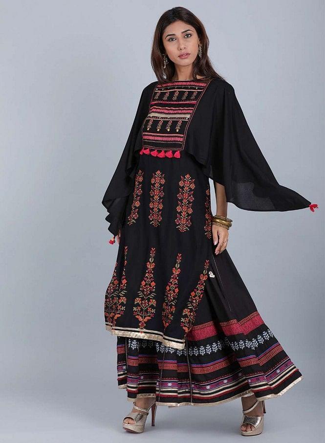 Black Mandarin Neck Embellished kurta - wforwoman