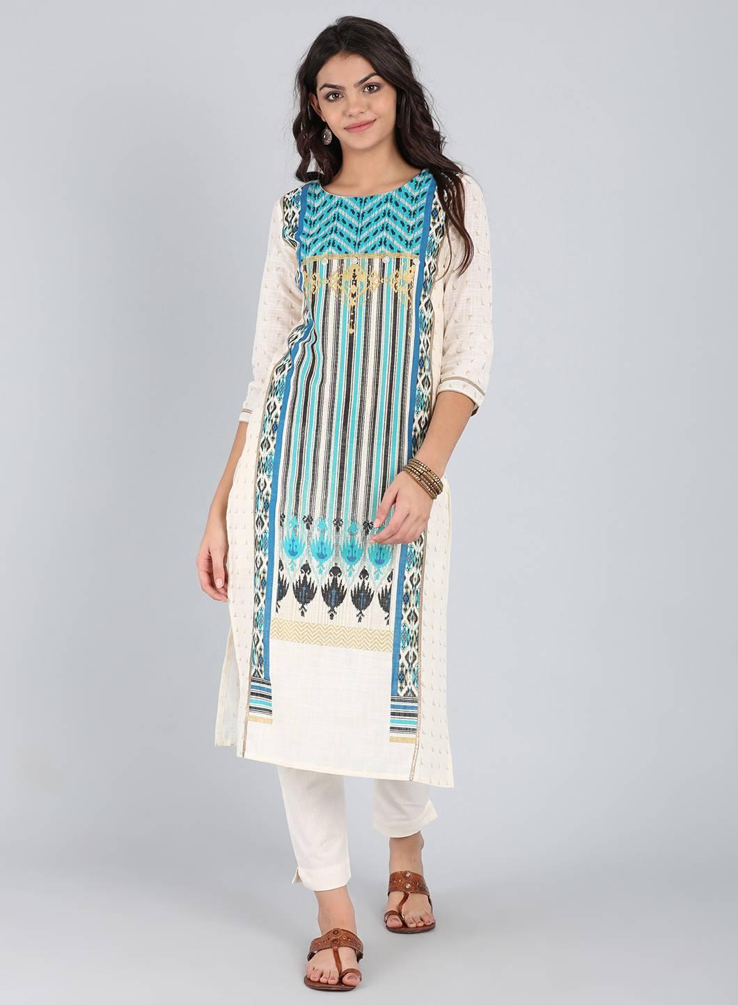 White &amp; Blue Round Neck Printed kurta - wforwoman