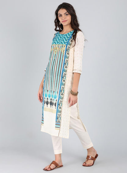 White &amp; Blue Round Neck Printed kurta - wforwoman