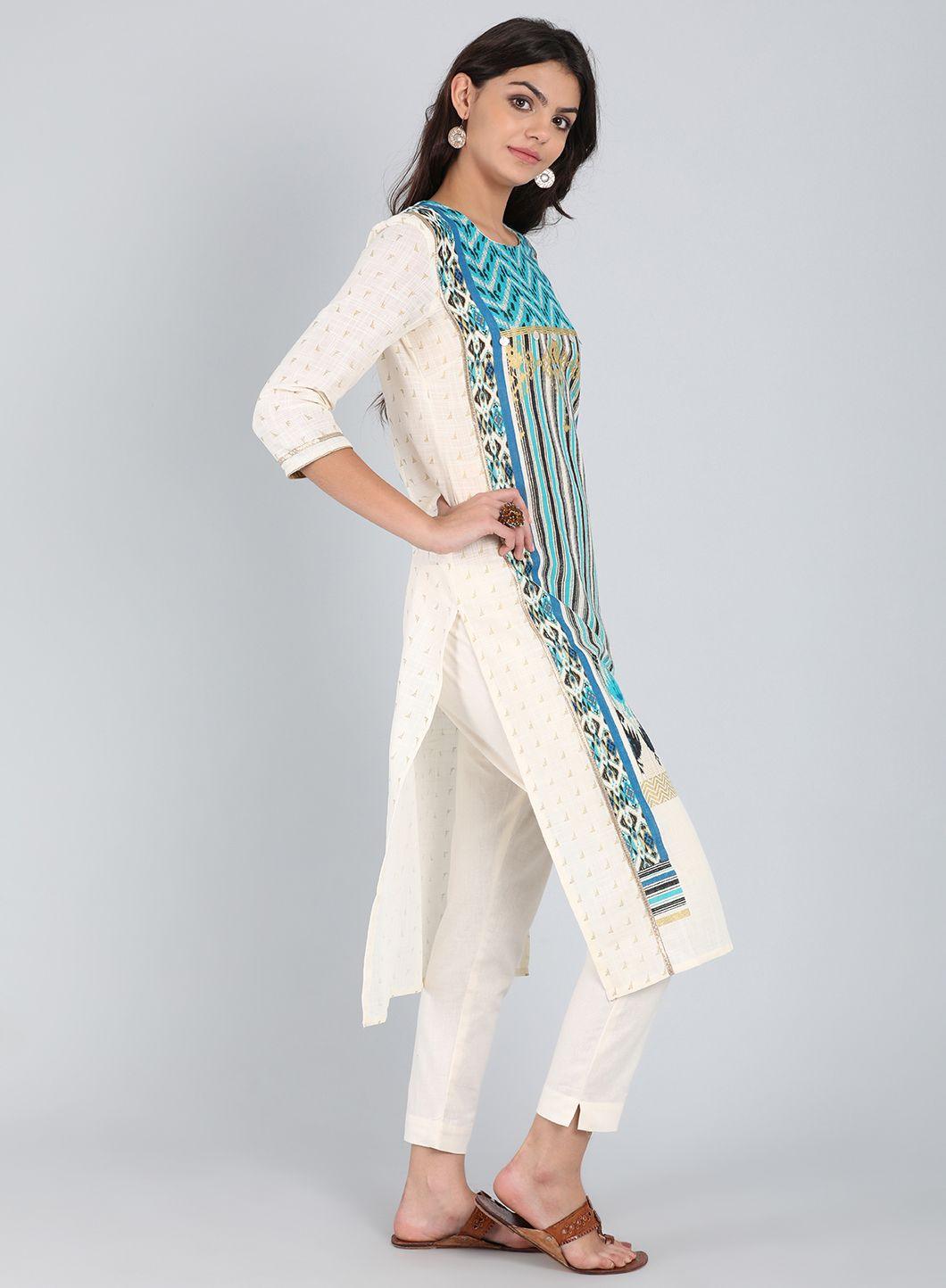 White &amp; Blue Round Neck Printed kurta - wforwoman