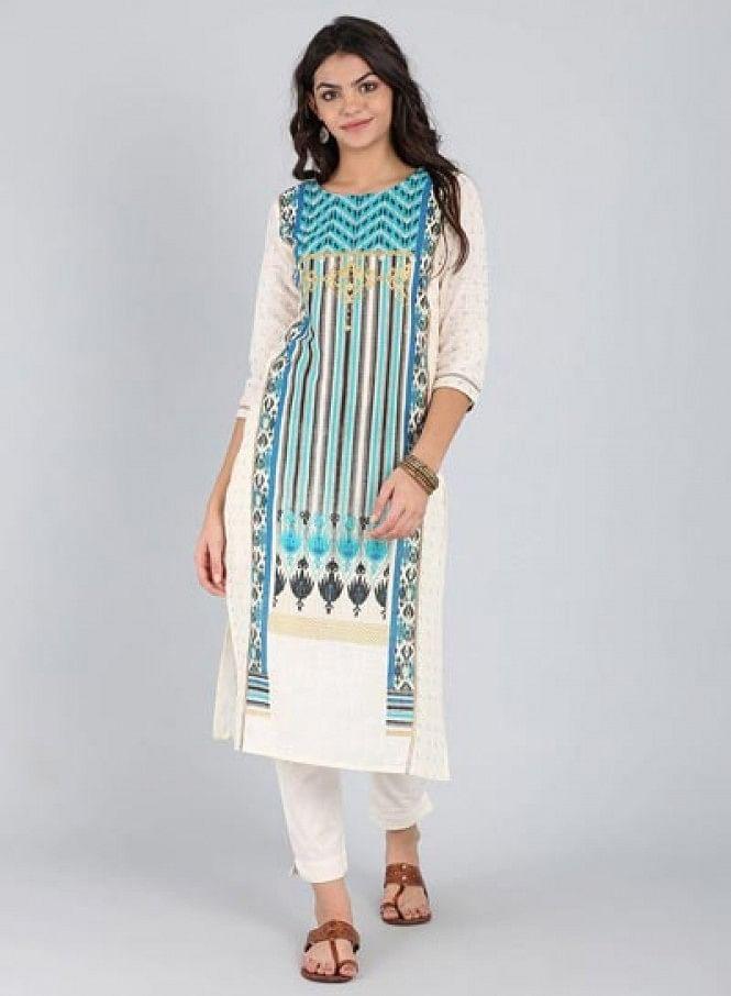 White &amp; Blue Round Neck Printed kurta - wforwoman