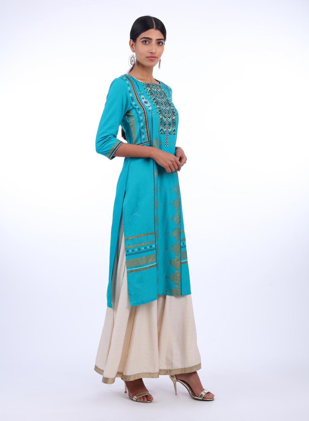 Teal Blue Round Neck Printed kurta - wforwoman