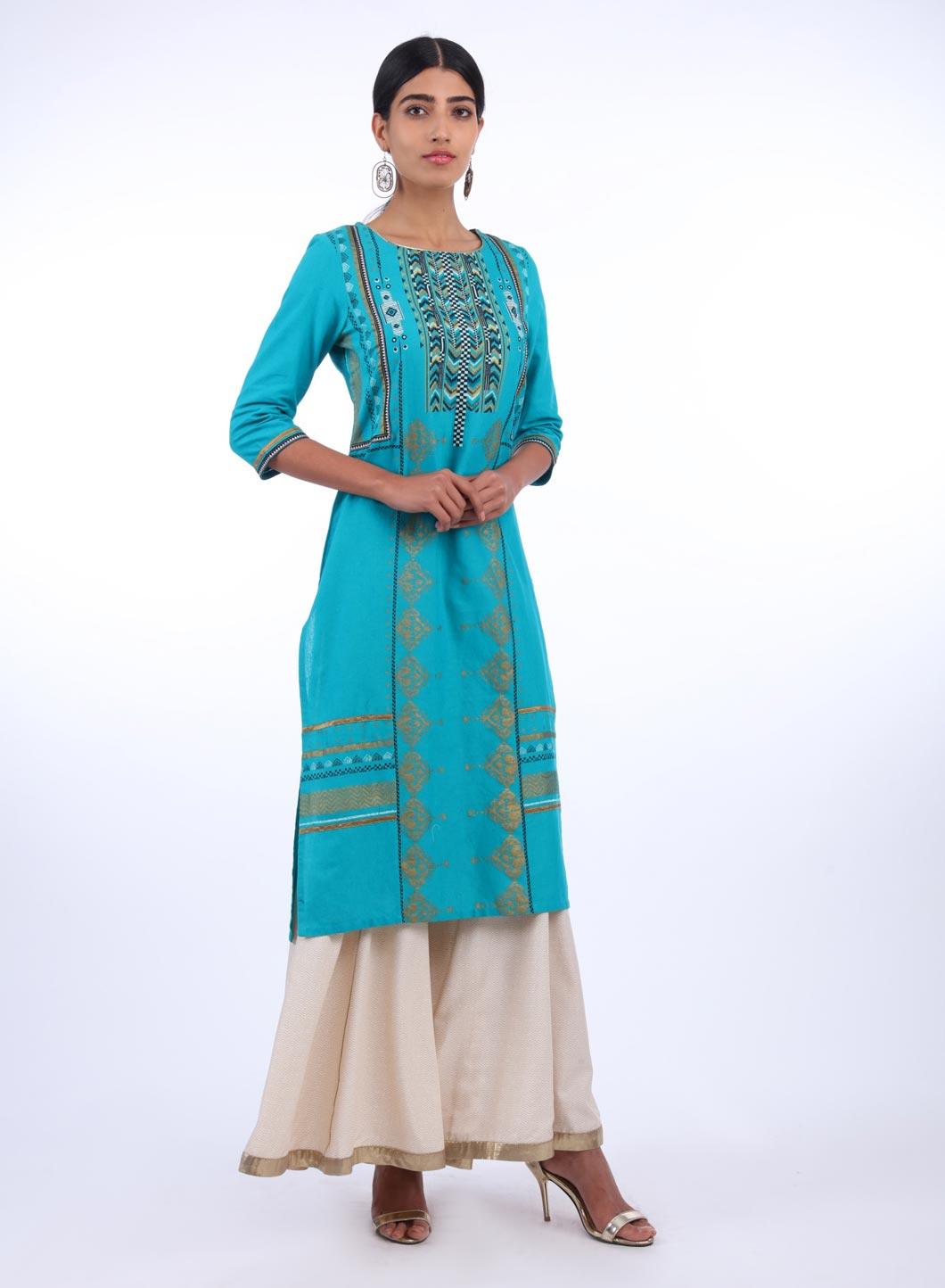 Teal Blue Round Neck Printed kurta - wforwoman