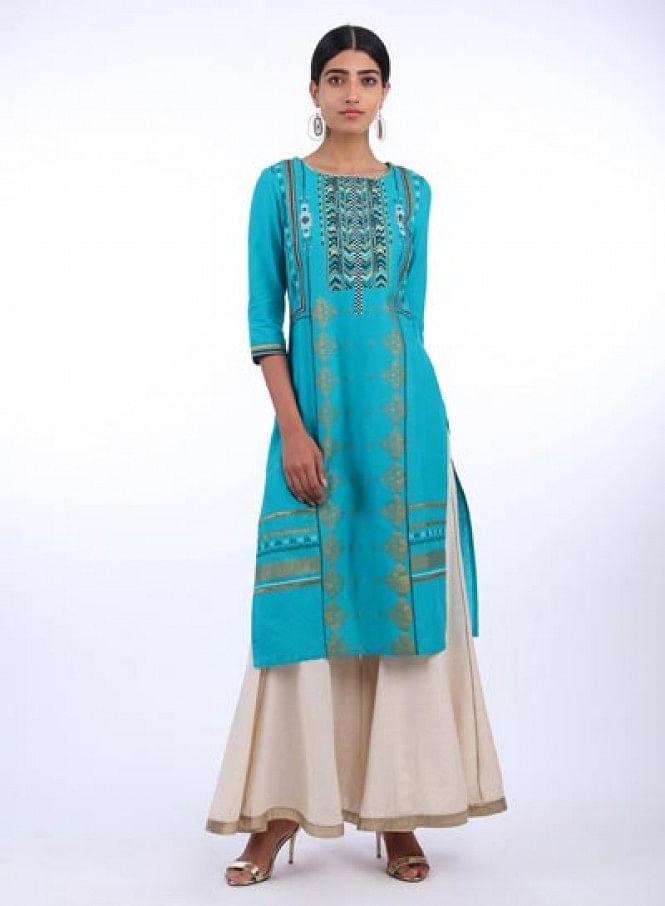 Teal Blue Round Neck Printed kurta - wforwoman