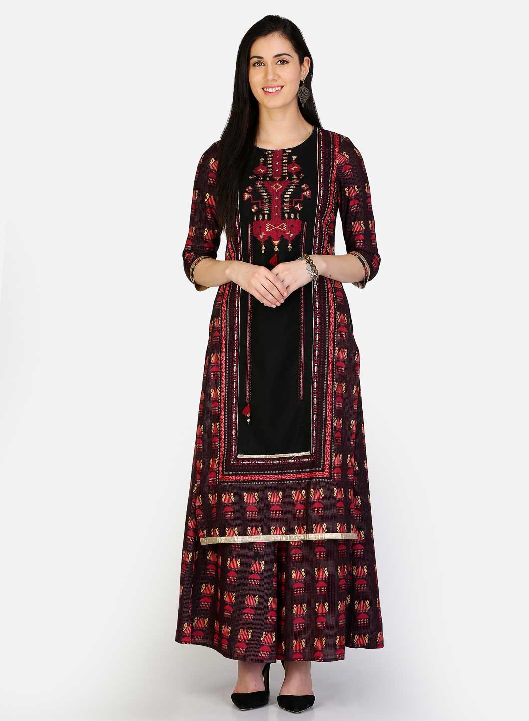 Black Round Neck Printed kurta - wforwoman