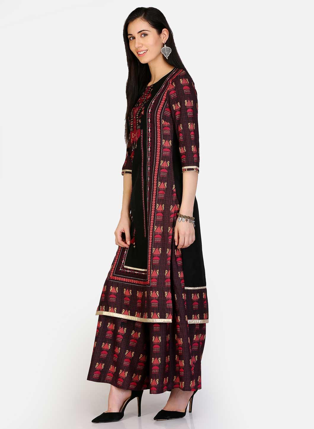 Black Round Neck Printed kurta - wforwoman